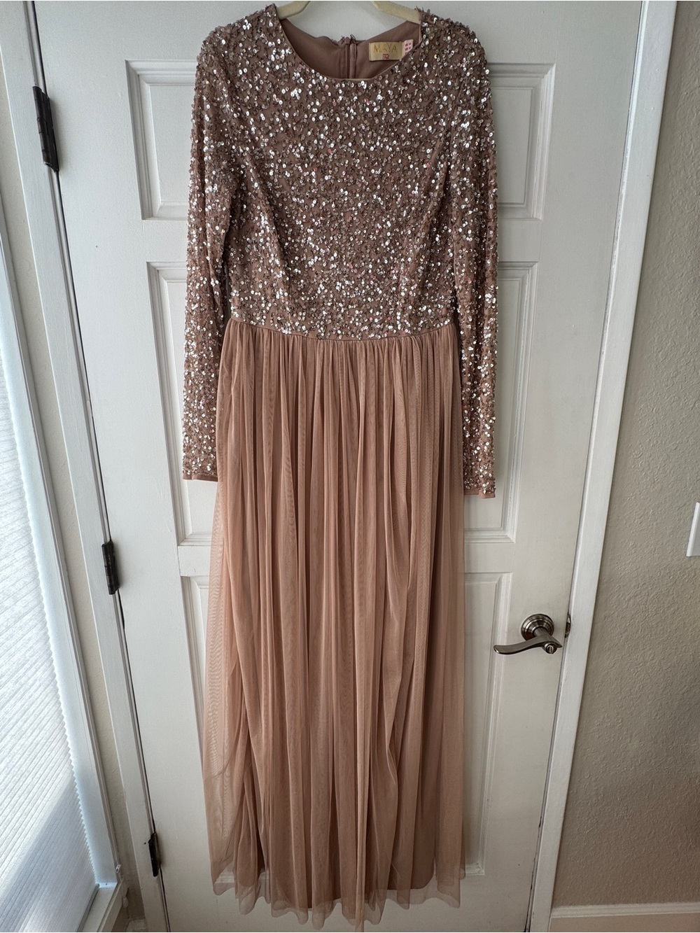 Maya Rose Gold Sequin Bodice Long Sleeve Tulle Maxi Dress